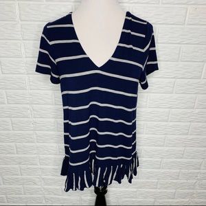 CHASER NWT Striped Peplum Short Sleeve Top Blue Gray Deep V Back Size M